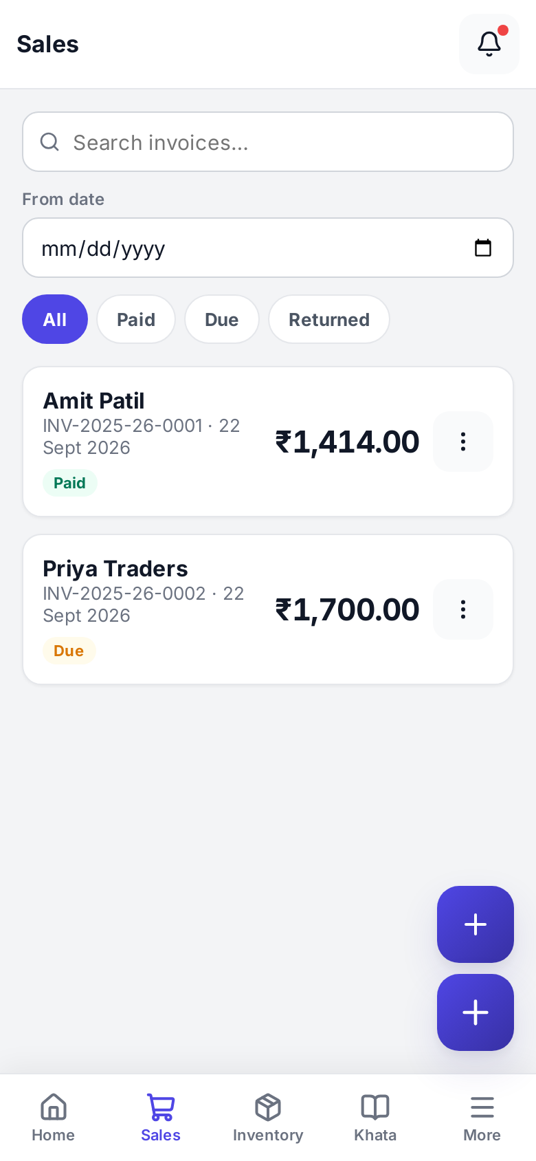 Sales list in the BizBahi billing app